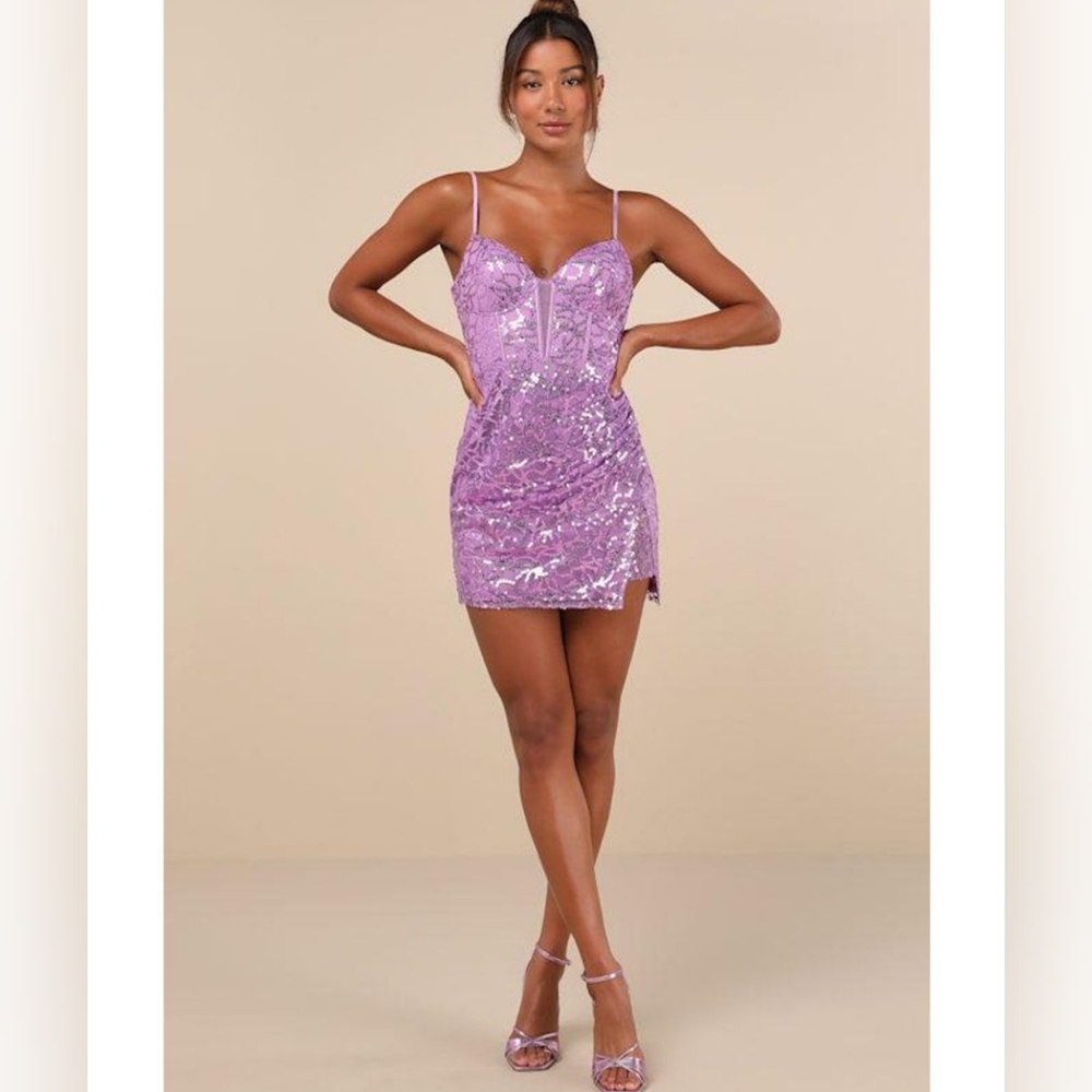 Magnificent Allure Purple Mesh Sequin Bustier Mini Dress Size 0